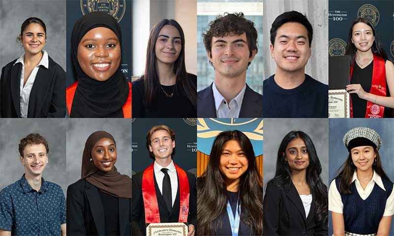 A collage showing the 12 Huntington 100 winners. Top row, left to right: Alexis Musaelyan-Blackmon, Amirah Ibrahim, Elissa Alarmani, Daniel Vahey, Jeffrey Pan, and Elizabeth McDowell. Bottom row, left to right: Jonah Jaffe, Maha Sidi, Sebastian Tremblay, Shannen Espinosa, Shruti Kedharnath, Wanru Shao