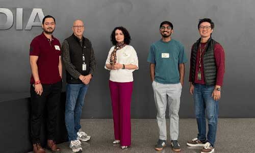 Himalaya Dua's NVIDIA hackathon team poses in NVIDIA's lobby