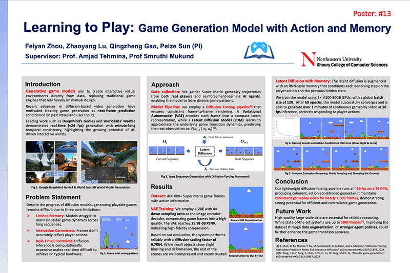 A research poster for a project by Feiyan Zhou. The poster is titled, "Learning to Play: Game Generation Model with Action and Memory"