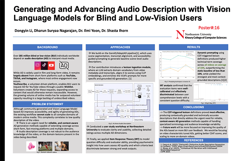 A research poster for a project by Dharun Suryaa Nagarajan and Dongyin Li. The poster is titled, "Generating and Advancing Audio Description with Vision Language Models for Blind and Low-Vision Users"