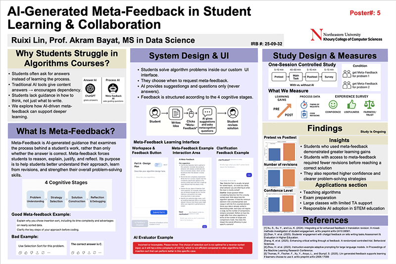 A research poster for a project by Ruixi Lin. The project is titled, "AI-Generated Meta-Feedback in Student Learning & Collaboration"