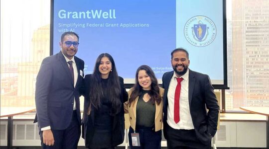 Jai Surya Kode (left) and Anjith Prakash Chathan Kandy (right) with members of the Massachusetts Federal Funds Infrastructure Office